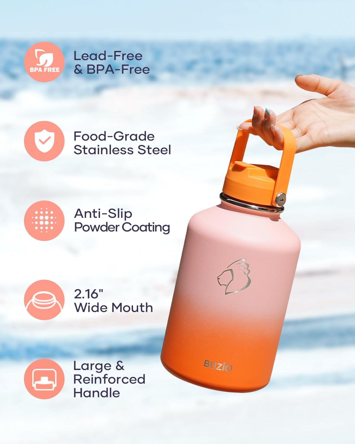 BUZIO 40oz Insulated Water Bottle, Triple Wall Vacuum Stainless Steel Water Flask with 2 lids, Lead-Free BPA-Free Straw Lid Sports Canteen Jug, Cold 48H & Hot 24H- Black - Colors B
