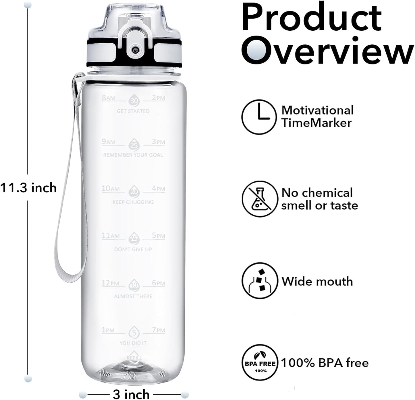 32oz Water Bottle with Time Marker, Motivational Drinking Bottle with Strap, BPA-Free Leak-Proof, Encouraging Water Bottle Time to Drink Water for Gym School Office Travel