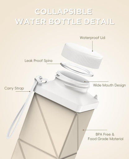 Collapsible Water Bottles 17.4oz(516ML), 2nd Generation Leakproof BPA-Free Travel Water Bottle,Lightweight Reusable Water bottle, Portable for Travel Cycling Gym Sports,Champagne White, 1 Pack