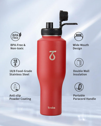 Trebo 40 oz Water Bottle Insulated Fit Car Cup Holder with Handle, Stainless Steel Water Bottles Tumbler with Spout Straw Lids, Double Wall Travel Reusable Flask, Leakproof Mug,Keep Cold &Hot,Black
