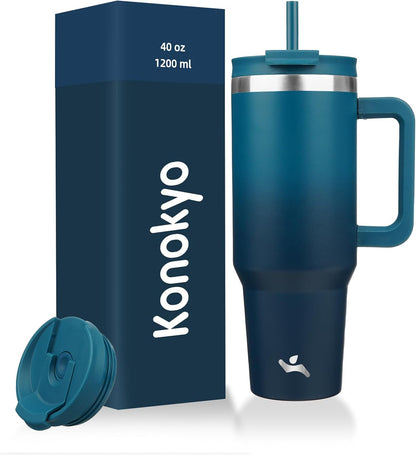 Konokyo 30 oz Tumbler with Handle and 2 Straws,2 in 1 Lid Insulated Water Bottle Stainless Steel Travel Coffee Mug,Sky