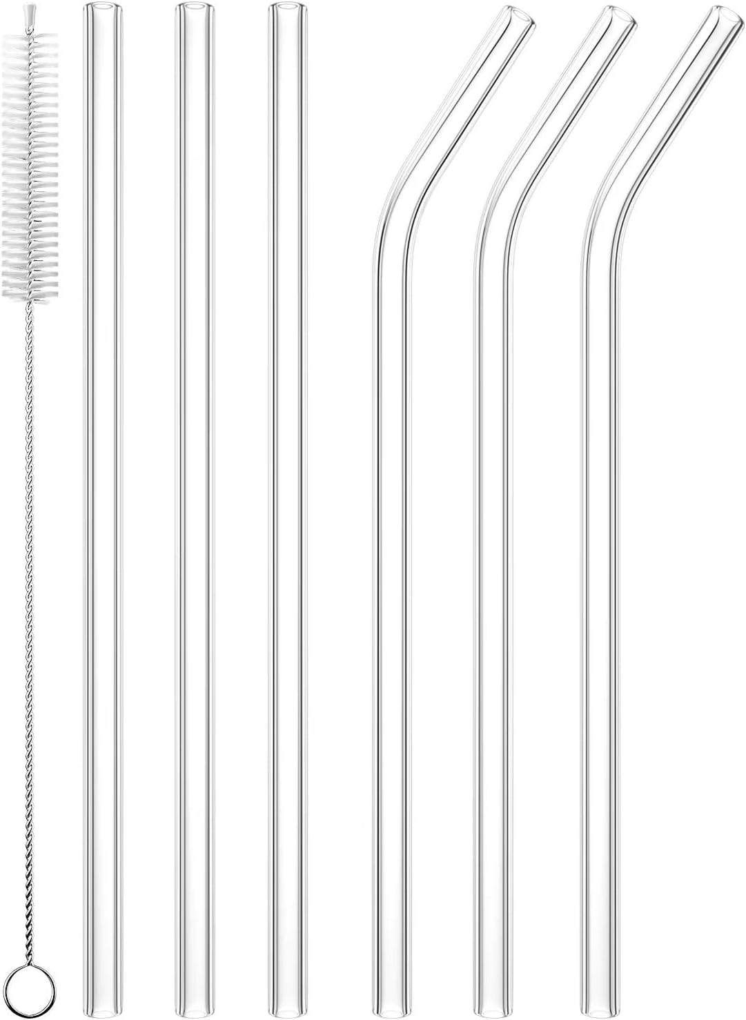 6 PCS Reusable Glass Drinking Straw, Replacement Straw 7.88'' x 8MM Clear Practical Straw for 20/30/32oz Tumblers Smoothie Straws 3 Straight 3 Bent with 1 Cleaning Brush for Coffee Tea Juice Milkshake