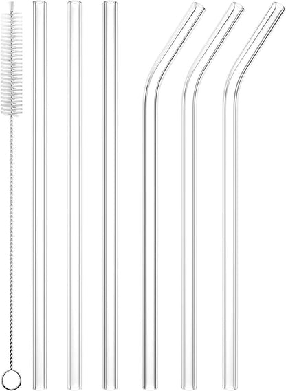 6 PCS Reusable Glass Drinking Straw, Replacement Straw 7.88'' x 8MM Clear Practical Straw for 20/30/32oz Tumblers Smoothie Straws 3 Straight 3 Bent with 1 Cleaning Brush for Coffee Tea Juice Milkshake