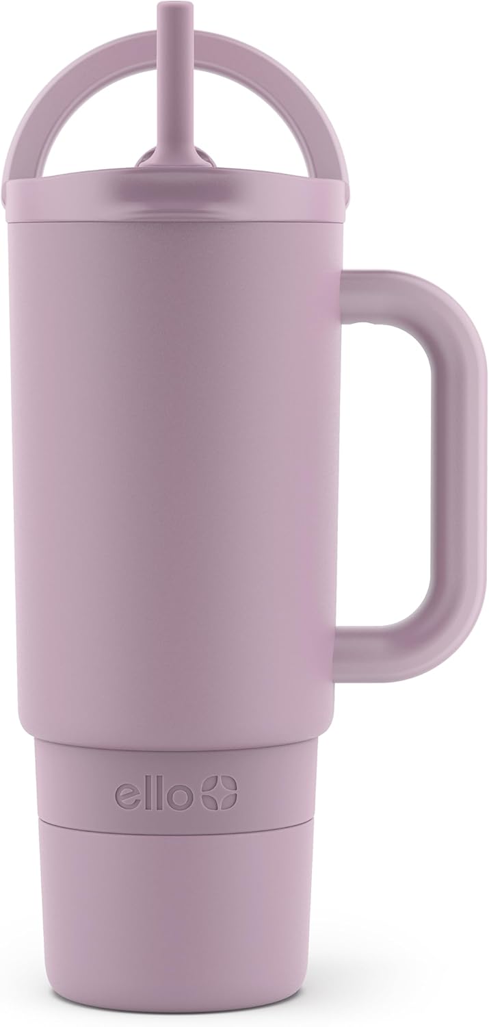 Ello Port 40oz Tumbler with Carry Loop & Integrated Handle, Vacuum Insulated Stainless Steel Reusable Water Bottle, Travel Mug with Leak Proof Lid & Straw, Perfect for Iced Coffee & Tea, White