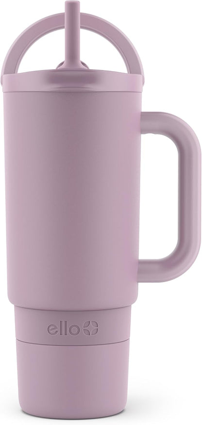 Ello Port 40oz Tumbler with Carry Loop & Integrated Handle, Vacuum Insulated Stainless Steel Reusable Water Bottle, Travel Mug with Leak Proof Lid & Straw, Perfect for Iced Coffee & Tea, White