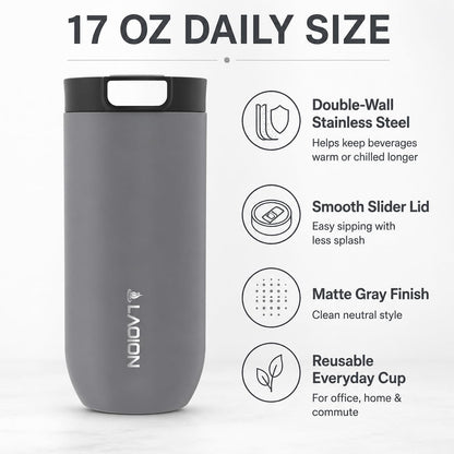 LAOION 17 oz Insulated Coffee Tumbler, Stainless Steel Travel Coffee Mug with Slider Lid, Reusable Iced Coffee Cup for Office, Car, Commute, Gray