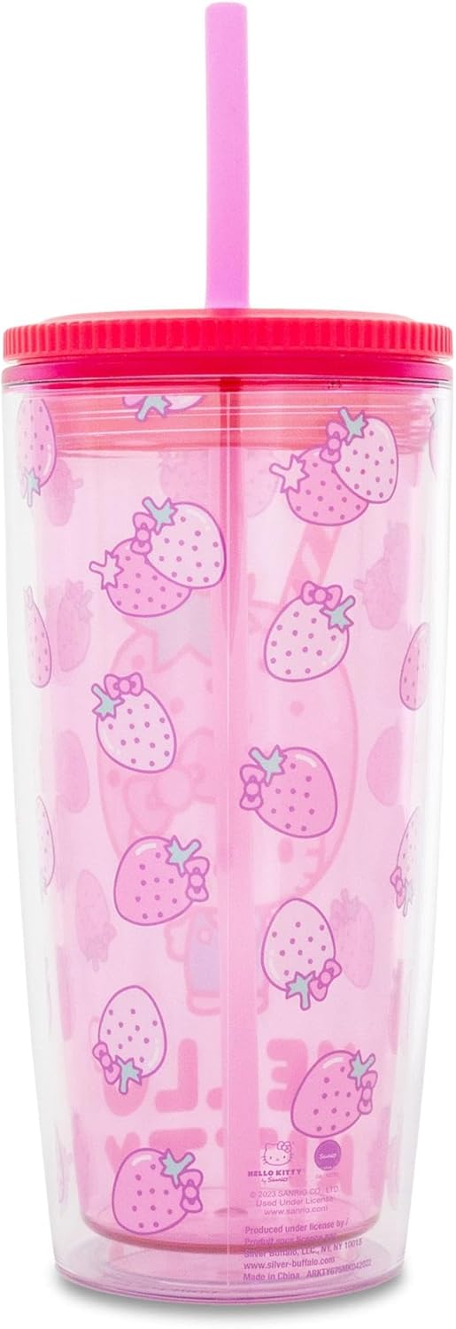 Silver Buffalo Sanrio Hello Kitty Milk Carton Pattern Plastic Boba Tumbler w Lid and Wide Straw, 24 Ounces