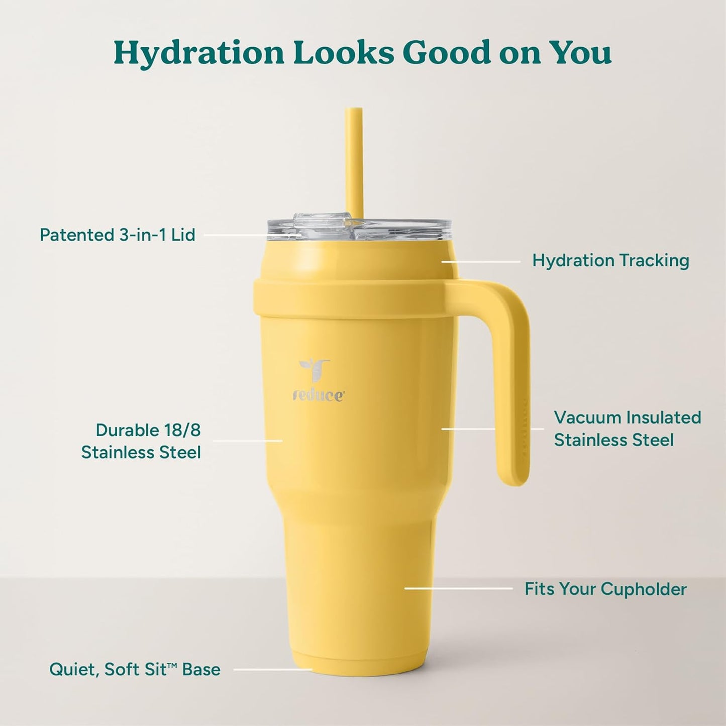REDUCE 24 oz Stainless Steel Tumbler with Handle - Dual-Wall Vacuum Insulated Travel Mug, Sweat-Proof Lid & Reusable Straw - Keeps Drinks Cold for 24 Hrs, Fits Cupholders, Dishwasher Safe - Lilac Bud