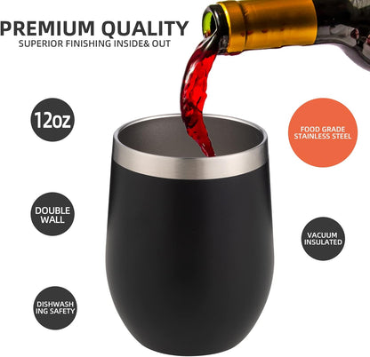 12 oz Insulated Wine Tumbler with Lid and Straw,Stainless Steel Stemless Wine Tumbler Glasses Double Wall Vacuum Wine Cups Tumbler for Coffee,Champaign,Cocktail,Office（Silver,1）