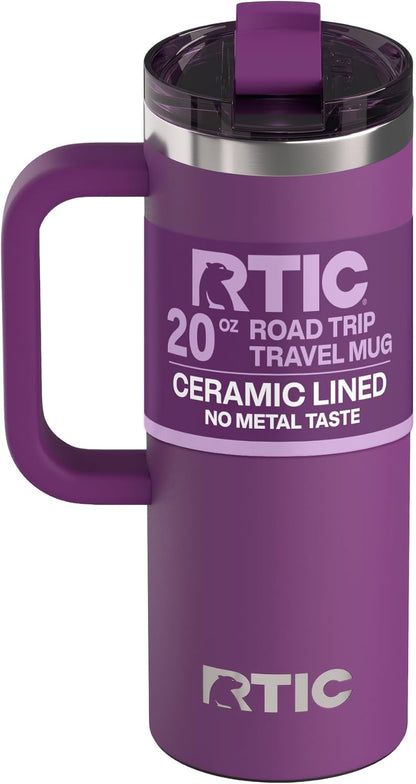 RTIC 20oz Road Trip Travel Mug with Lid and Handle, Ceramic Lined, Insulated, Stainless Steel, Metal, Double Wall Vacuum-Insulation, Portable Coffee, Tea Cup for Hot and Cold Drink, Black