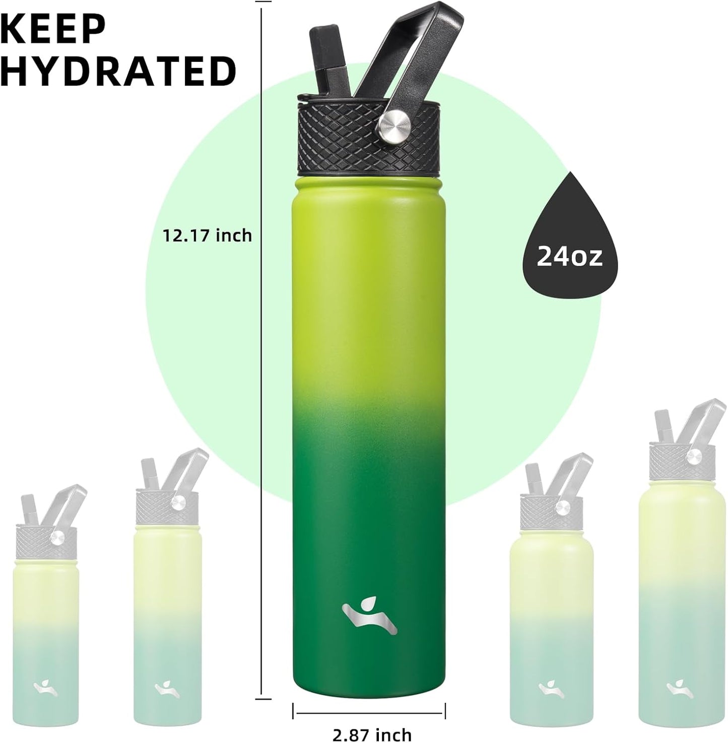 Konokyo 22oz Stainless Steel Bottles with 3 Lids Sport Insulated Water Bottle,Mint