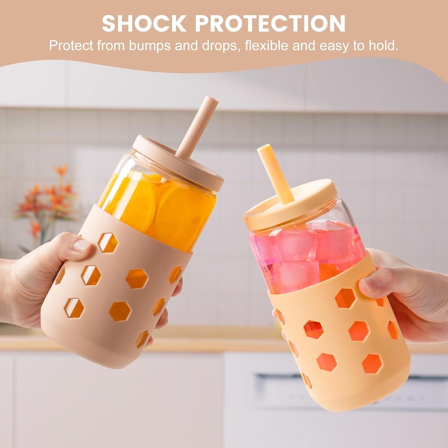 Mrsdry Glass Cups with Lids and Straws (4 Pcs), 16oz Drinking Glasses Set with Silicone Sleeves for Coffee Bar Accessories Iced Coffee Cups with Lids, Glass Tumbler Reusable for Gifts