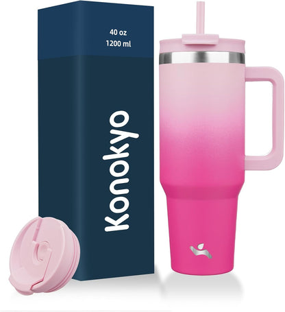 Konokyo 30 oz Tumbler with Handle and 2 Straws,2 in 1 Lid Insulated Water Bottle Stainless Steel Travel Coffee Mug,Sky
