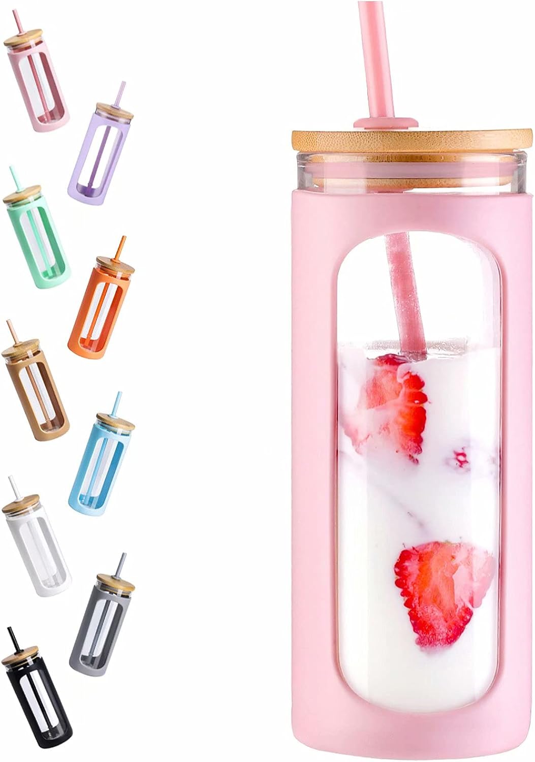 Kodrine 20oz Glass Water Tumbler with Straw and Lid, Bamboo Lids Water Bottle, Iced Coffee Cup Reusable, Wide Mouth Smoothie Cups with Protective Silicone Sleeve BPA FREE-Black - Colors A