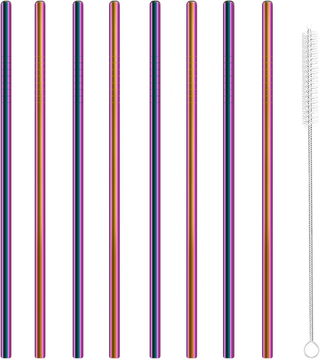 Stainless Steel Straws Metal Reusable Drinking Straw for Juice Iced Coffee Cold Beverage Water Highball Glasses 20oz Tumblers Mugs Cups, 0.24" 6mm Wide 215mm Long, Set of 8 with Brush, Silver