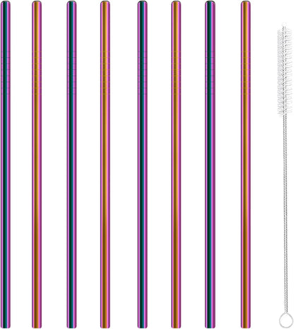 Stainless Steel Straws Metal Reusable Drinking Straw for Juice Iced Coffee Cold Beverage Water Highball Glasses 20oz Tumblers Mugs Cups, 0.24" 6mm Wide 215mm Long, Set of 8 with Brush, Silver