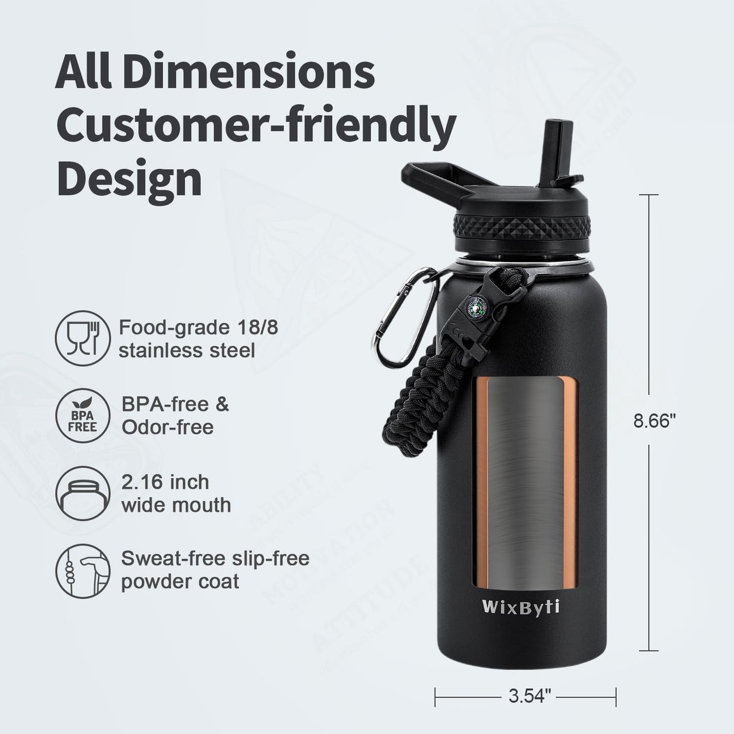 WixByti 40 oz Insulated Water Bottle with Straw (Cold for 36 Hrs), Stainless Steel Triple Wall Vacuum Sports Water Jug, Leakproof Hydro Cup Flask with Paracord Handle & Straw Spout Lids & DIY Stickers