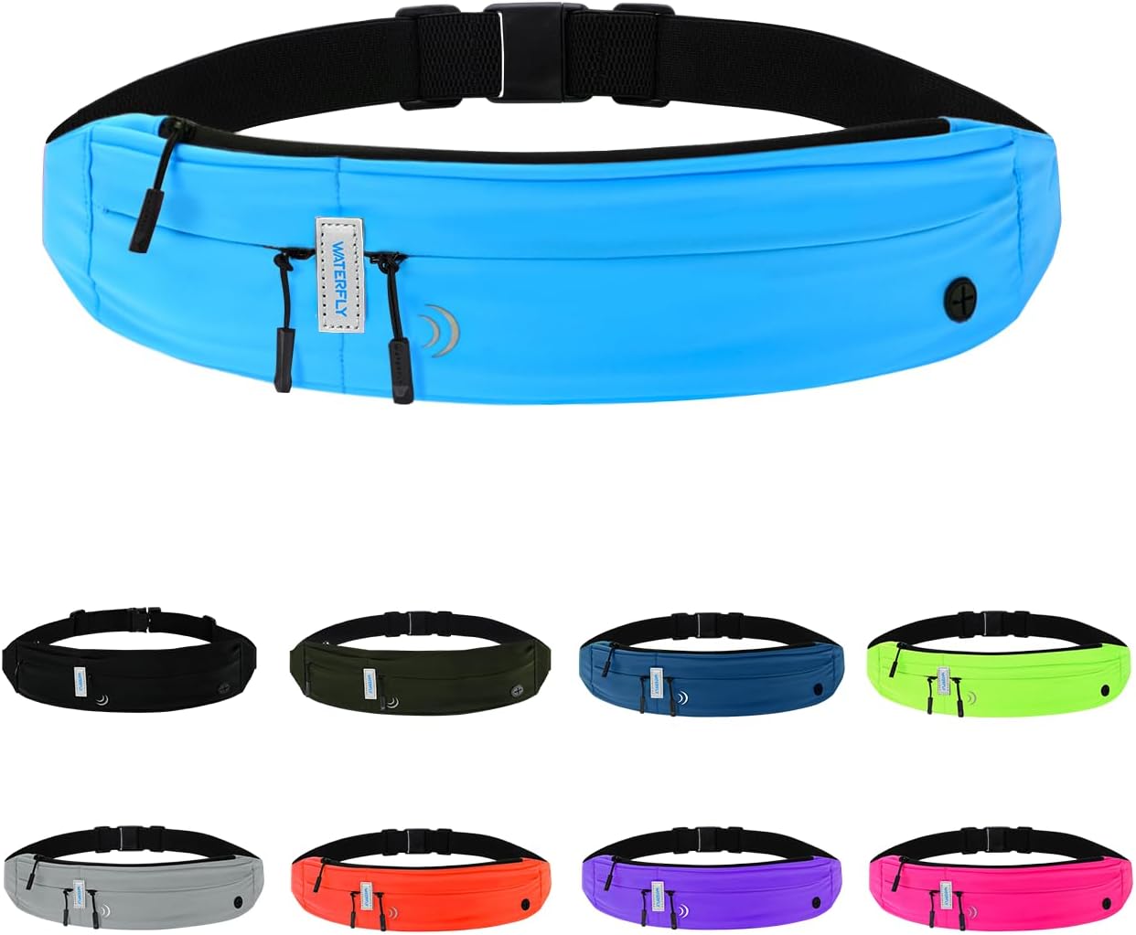 WATERFLY Running Belt Fanny Pack: Runner Marathon Jogging Waist Pack Sport Workout Exercise Fitness Phone Holder Belt for Men Women Jogger Slim Waist Bag Black