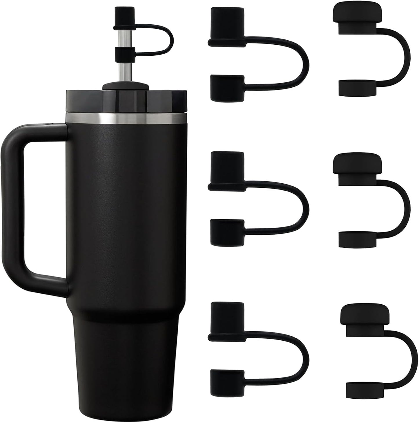 6PCS Silicone Straw Covers Cap Compatible with Stanley Cup 30-40 oz Tumbler with Handle 10mm Straw Toppers，Dust-Proof Reusable Straw Cover for Stanley Cup Accessories (Black)