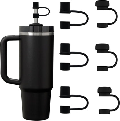 6PCS Silicone Straw Covers Cap Compatible with Stanley Cup 30-40 oz Tumbler with Handle 10mm Straw Toppers，Dust-Proof Reusable Straw Cover for Stanley Cup Accessories (Black)