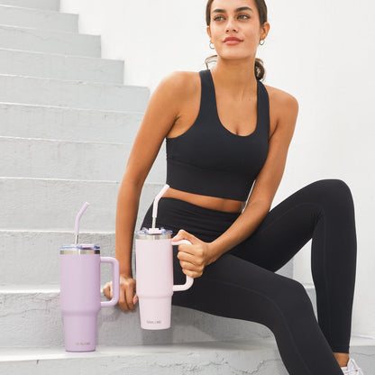 40 oz Tumbler with Handle and Straw Lid,Insulated Reusable Stainless Steel Water Bottle Travel Mug，Cupholder Friendly Double Wall Vacuum Sealed Cup (Black)