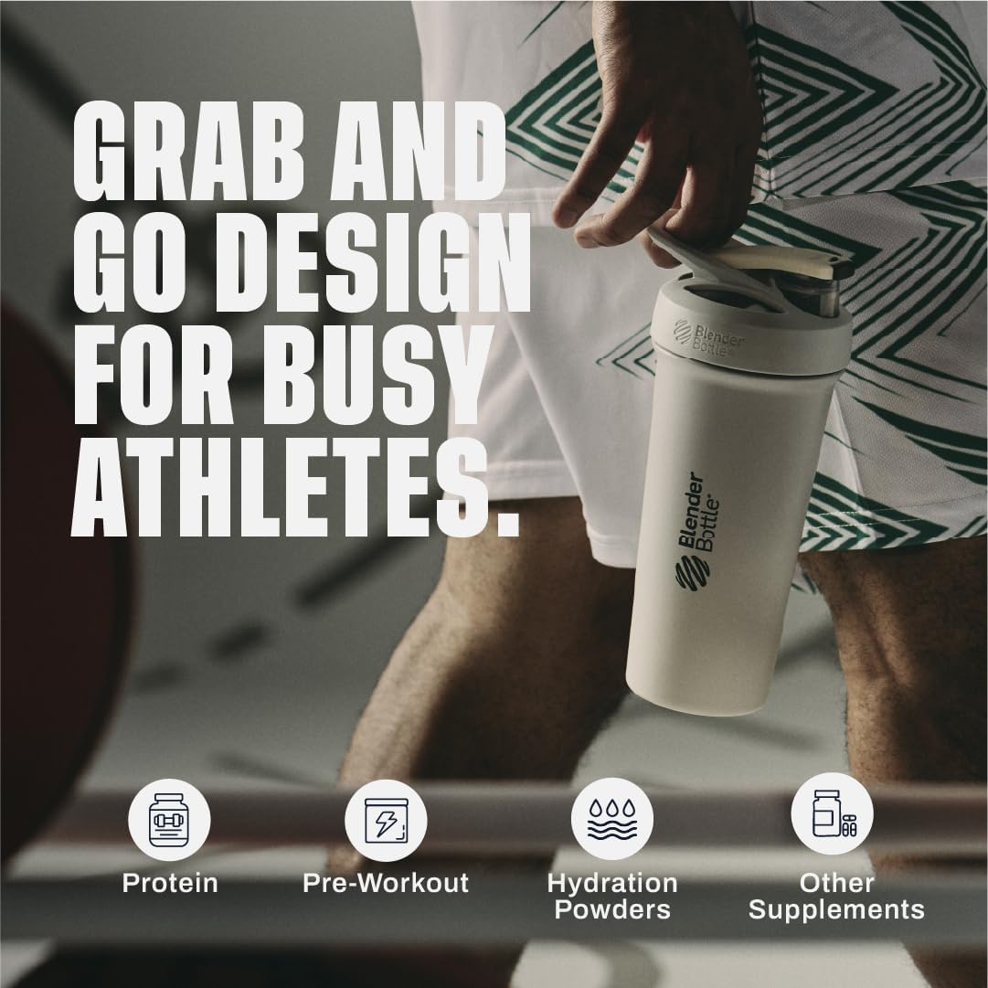 BlenderBottle Strada Shaker Cup Insulated Stainless Steel Water Bottle with Wire Whisk, 24-Ounce, White