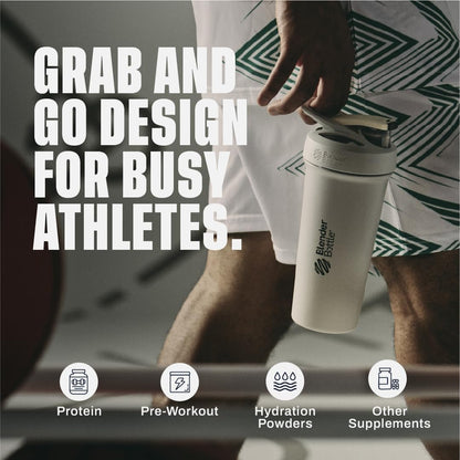 BlenderBottle Strada Shaker Cup Insulated Stainless Steel Water Bottle with Wire Whisk, 24-Ounce, White