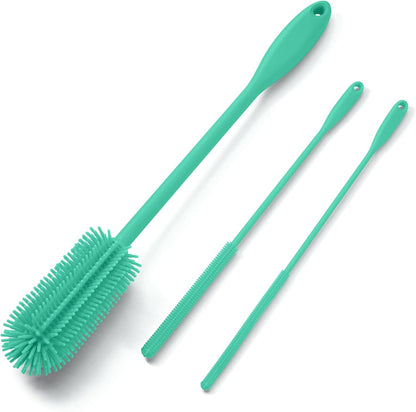 3-in-1 Silicone Bottle Brush and Straw Cleaning Brush Set, Water Bottle Cleaner for Narrow Neck Containers, Tumblers, Flask, Vase and Glassware (Turquoise)