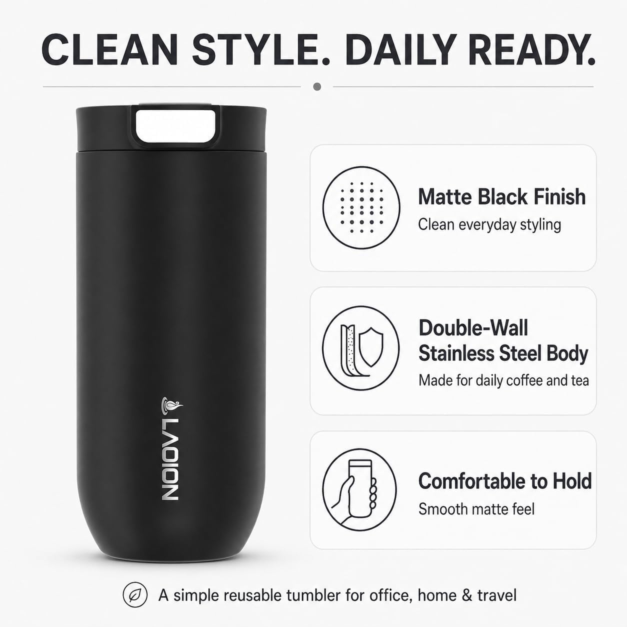 LAOION 17 oz Insulated Coffee Tumbler, Stainless Steel Travel Coffee Mug with Slider Lid, Reusable Iced Coffee Cup for Office, Car, Commute, Gray