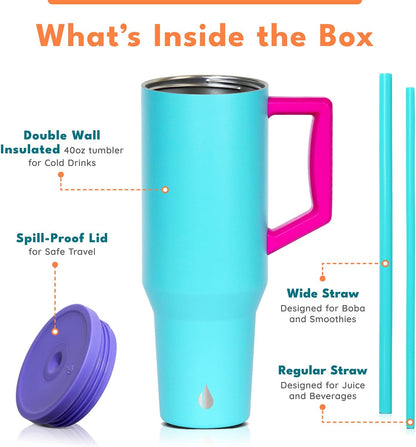 Elemental 32 oz 100% Leak Proof Tumbler with Handle & Straw - Stainless Steel Double Wall Insulated Tumbler for Hot and Cold Beverages - Travel Coffee Mug with Sip & Straw Lid - White - Colors B