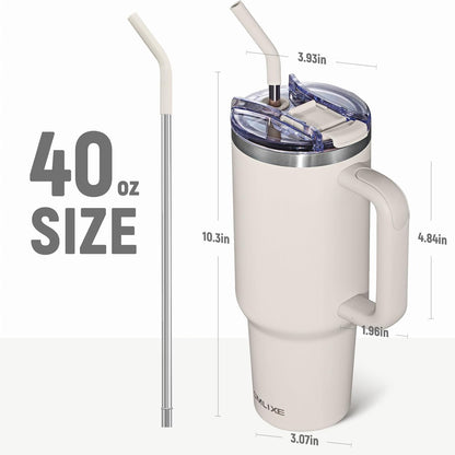 40 oz Tumbler with Handle and Straw Lid,Insulated Reusable Stainless Steel Water Bottle Travel Mug，Cupholder Friendly Double Wall Vacuum Sealed Cup (Black)