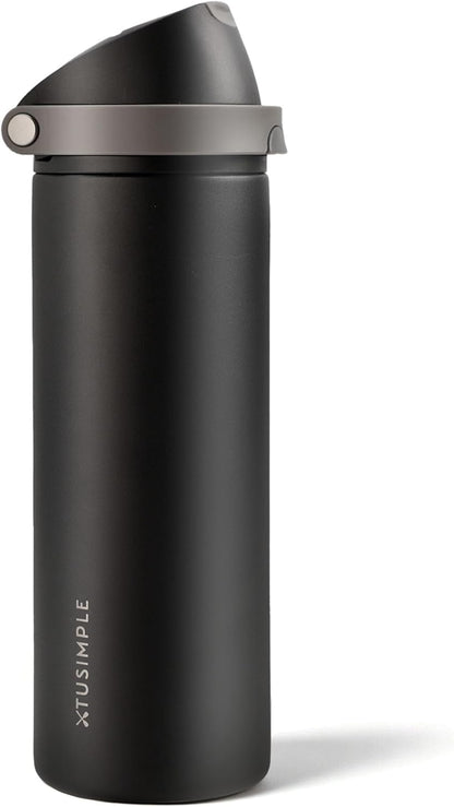 24 oz Stainless Steel Water Bottle with 2-in-1 Quick Flip Straw and Push Button Spout Lid, Fits Car Cupholder, Triple Walled Vacuum Insulated Metal Leakproof, for Gym, Hiking, Trip, Black