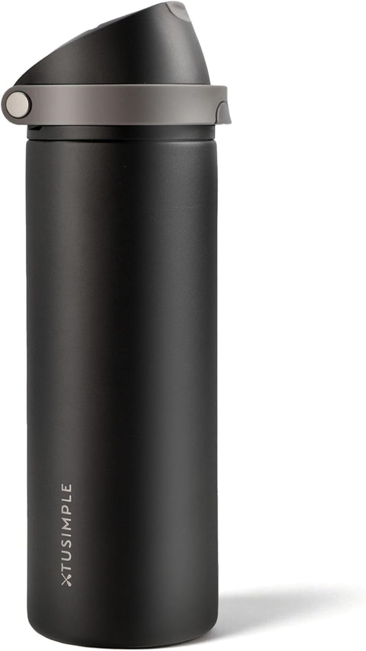 24 oz Stainless Steel Water Bottle with 2-in-1 Quick Flip Straw and Push Button Spout Lid, Fits Car Cupholder, Triple Walled Vacuum Insulated Metal Leakproof, for Gym, Hiking, Trip, Black