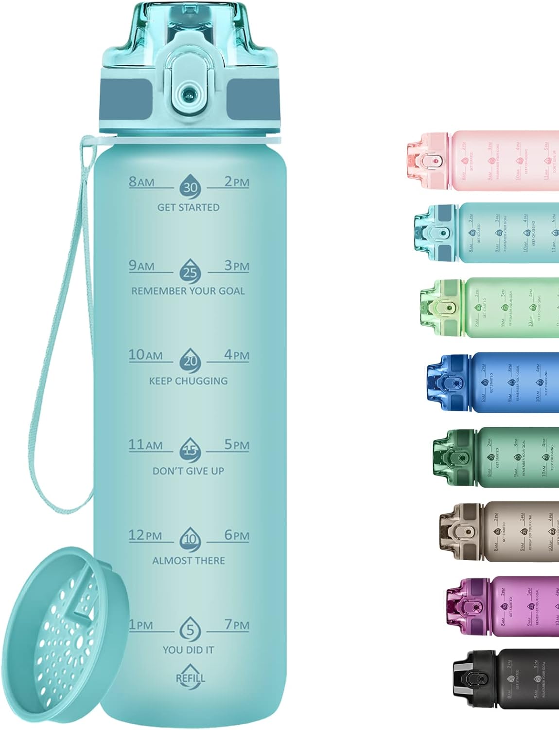 32oz Water Bottle with Time Marker, Motivational Drinking Bottle with Strap, BPA-Free Leak-Proof, Encouraging Water Bottle Time to Drink Water for Gym School Office Travel