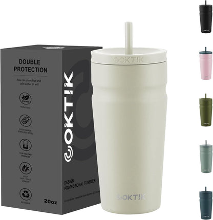 COKTIK 24oz Insulated Tumbler with Lid and Straw Iced Coffee Cup Reusable Stainless Steel Travel Mug Water Bottle Cupholder Friendly for Women Men Her Him (Blush)