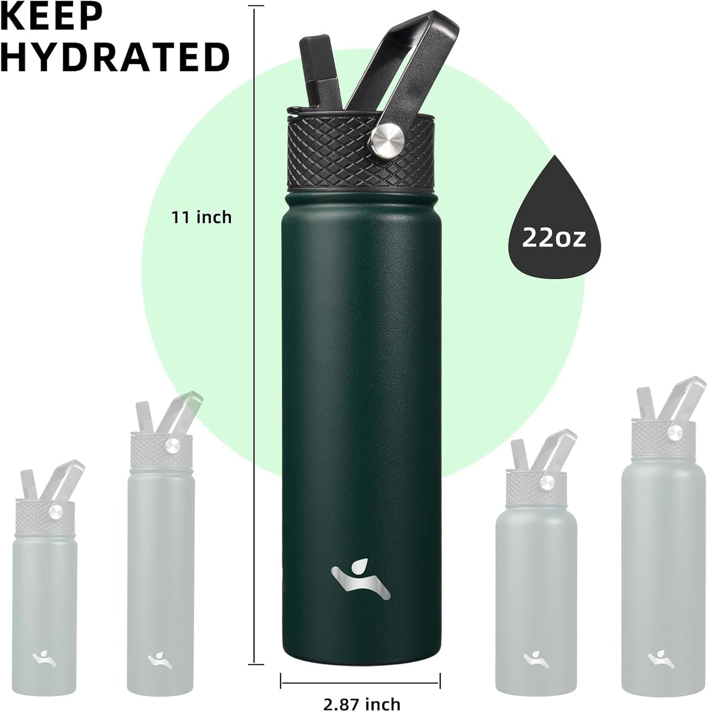 Konokyo 22oz Stainless Steel Bottles with 3 Lids Sport Insulated Water Bottle,Mint