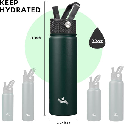 Konokyo 22oz Stainless Steel Bottles with 3 Lids Sport Insulated Water Bottle,Mint