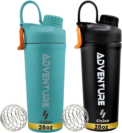 Ozizo 2 Pack Stainless Steel Insulated Protein Shaker Bottle, 20oz Leak Proof Shaker Cup with Wire Whisk Ball for Protein Mixes, Hot & Cold Drinks, Gym & Fitness (Blue + Blue)
