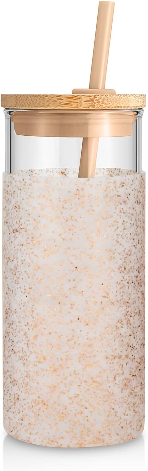Tronco 20 oz Glass Tumbler with Lid and Straw, Iced Coffee Cup and Smoothie Cup with Bamboo Lids & Protective Silicone Sleeve, Dishwasher Safe, BPA-Free, Glass Cup 1 Pack - Colors B