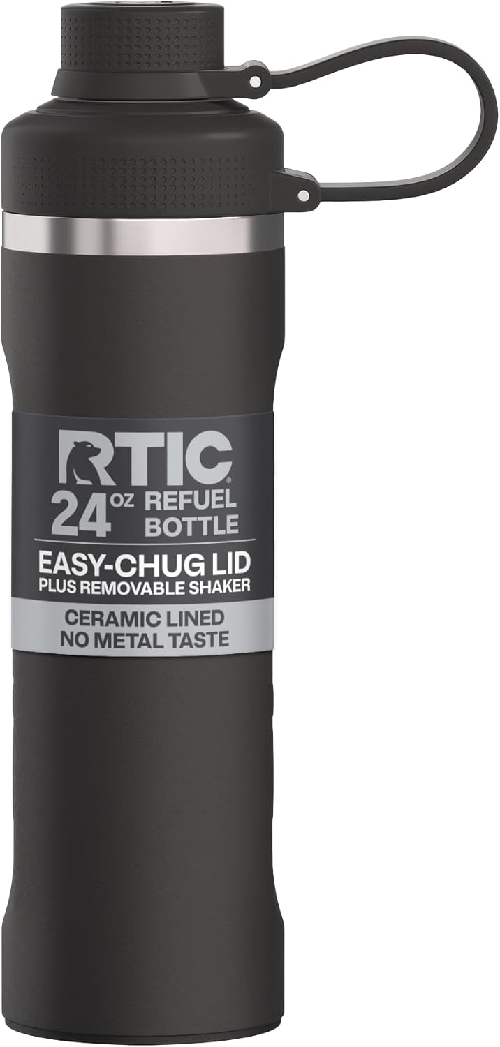 RTIC 24oz Refuel Water Bottle with Workout Protein Shaker, Insulated, Stainless Steel, Metal, Double Wall Vacuum-Insulation, Ceramic Lined, Leak-Proof Chug Lid, Tumbler, Black