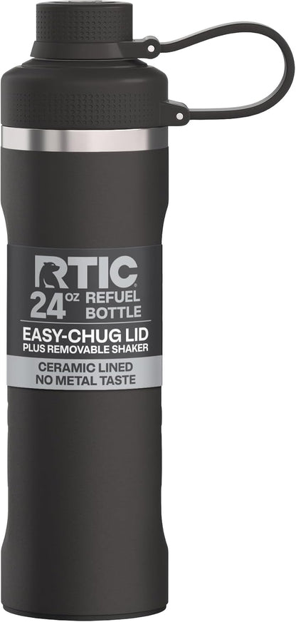 RTIC 24oz Refuel Water Bottle with Workout Protein Shaker, Insulated, Stainless Steel, Metal, Double Wall Vacuum-Insulation, Ceramic Lined, Leak-Proof Chug Lid, Tumbler, Black
