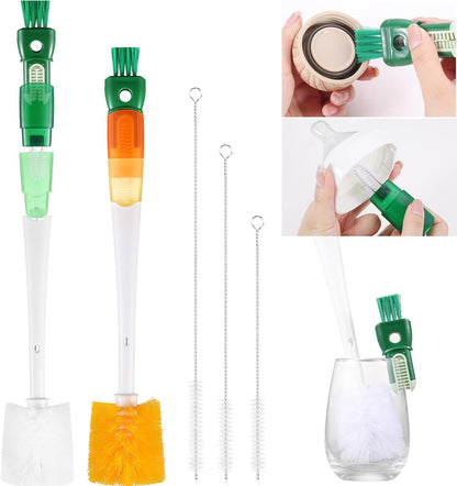 OUTXE 5 Pack Bottle Brush Set, 5-in-1 Water Bottle Cleaner Brush, 15"" Long Handle Bottle Cleaning Brush, 3 Straw Brush, Removable Nipple Brush, Detail Brush for Cup Lid Gap, WBBSBLB5