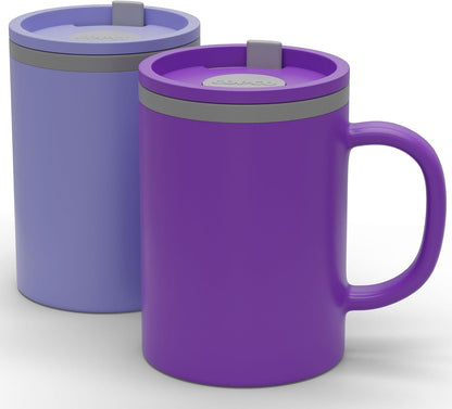 Copco Iconic 16oz Double Wall Insulated Desk Mug with Lid & Handle, Set of 2, BPA-Free Reusable Plastic, Spill-Resistant, Microwave & Dishwasher Safe, Wide Mouth (Grey)