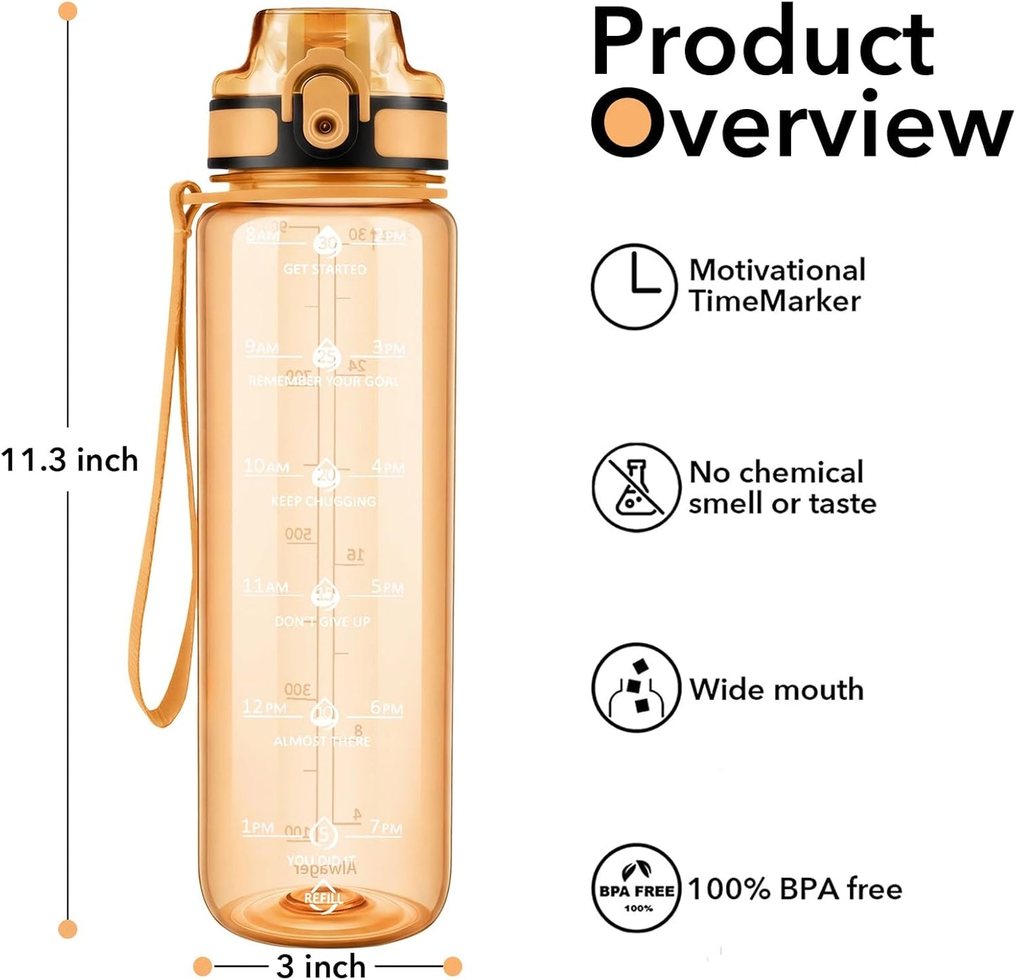 32oz Water Bottle with Time Marker, Motivational Drinking Bottle with Strap, BPA-Free Leak-Proof, Encouraging Water Bottle Time to Drink Water for Gym School Office Travel