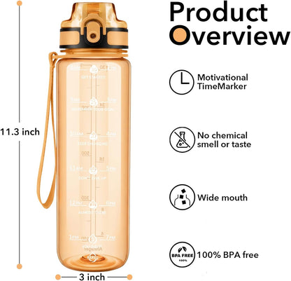 32oz Water Bottle with Time Marker, Motivational Drinking Bottle with Strap, BPA-Free Leak-Proof, Encouraging Water Bottle Time to Drink Water for Gym School Office Travel