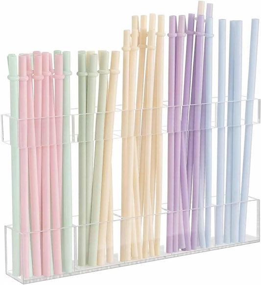 9.5” Large Acrylic Cabinet Straw & Utensil Organizer – Adjustable, Multipurpose Kitchen Storage for Reusable Straws, Brushes, Chopsticks – Ultra-Sticky & Drainable