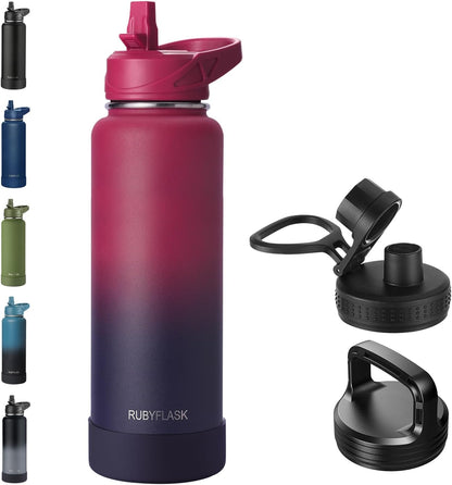 RUBYFLASK 32oz Insulated Water Bottle with Straw, Stainless Steel Metal Vacuum Water Flask, Large Thermal Water bottle with Leakproof 3 Lids for Travel, Camping, Gym Sports Indigo Black