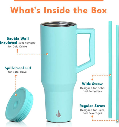Elemental 32 oz 100% Leak Proof Tumbler with Handle & Straw - Stainless Steel Double Wall Insulated Tumbler for Hot and Cold Beverages - Travel Coffee Mug with Sip & Straw Lid - White - Colors A