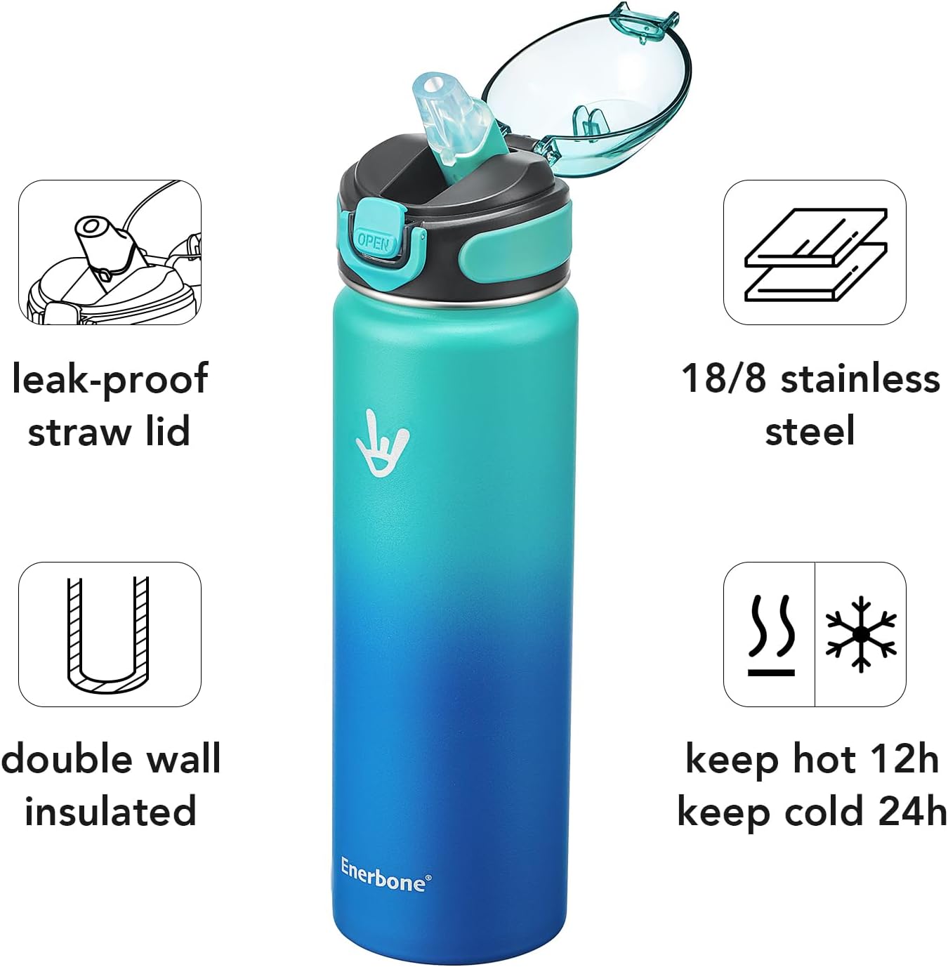 Enerbone 24 oz Insulated Water Bottle, Stainless Steel Bottle with Carrying Strap, Double-Wall Vacuum Insulation Design, Leakproof Sports Bottle with Straw, Keep Drinks Cold or Hot for Hours