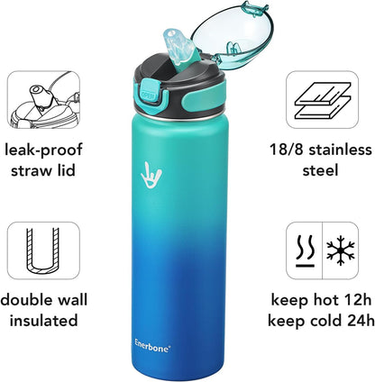 Enerbone 24 oz Insulated Water Bottle, Stainless Steel Bottle with Carrying Strap, Double-Wall Vacuum Insulation Design, Leakproof Sports Bottle with Straw, Keep Drinks Cold or Hot for Hours
